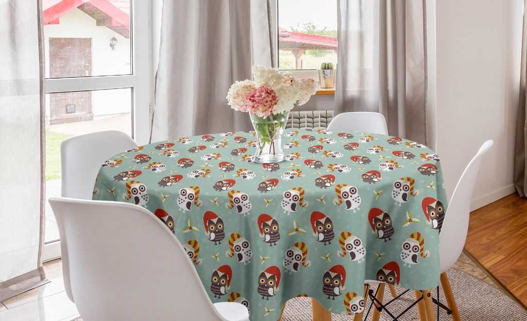 ABAKUHAUS Weihnachten Runde Tischdecke, Eulen in den Hüten Yuletide, Kreis Tischdecke Abdeckung für Esszimmer Küche Dekoration, 150 cm, Mehrfarbig