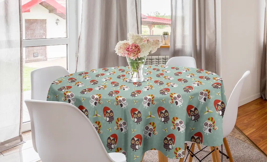 ABAKUHAUS Tovaglia rotonda natalizia, gufi con cappelli natalizi, tovaglia rotonda per sala da pranzo e cucina, 150 cm, multicolore - 1