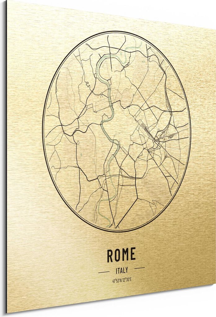 DEQORI Alu-Dibond Bild Gold 50x50 cm 'Stadtplan Rome' Wandbild Metall dünn Design