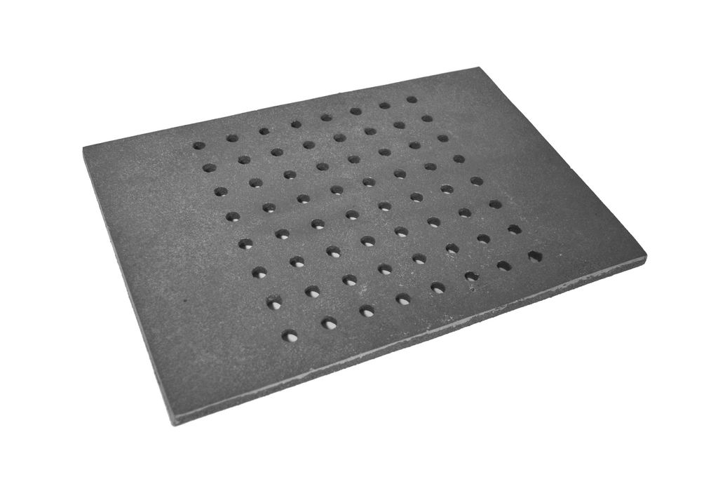 A square grate with many small holes, placed on a white background.
