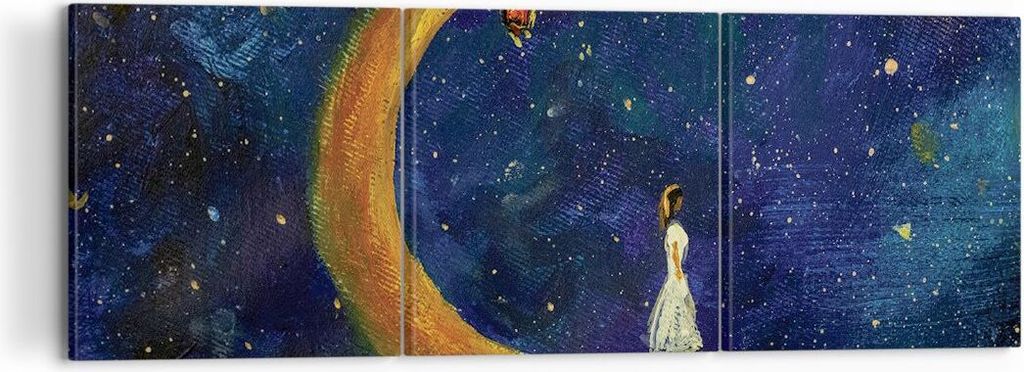 Bild auf Leinwand - Leinwandbild - 3 Teile - Mädchen auf der Mond - 120x40cm - Wand Bild - Wanddeko - Wandbilder - Leinwanddruck - Bilder - Wandde...