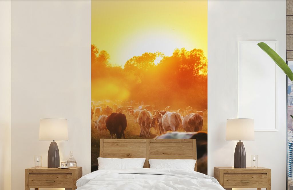 MuchoWow Fototapete für Wohnzimmer oder Schlafzimmer Wandtapete Vinyl Motivtapete Kühe - Sonnenuntergang - Wiese - Tiere - 120x240 cm - Hinterg...