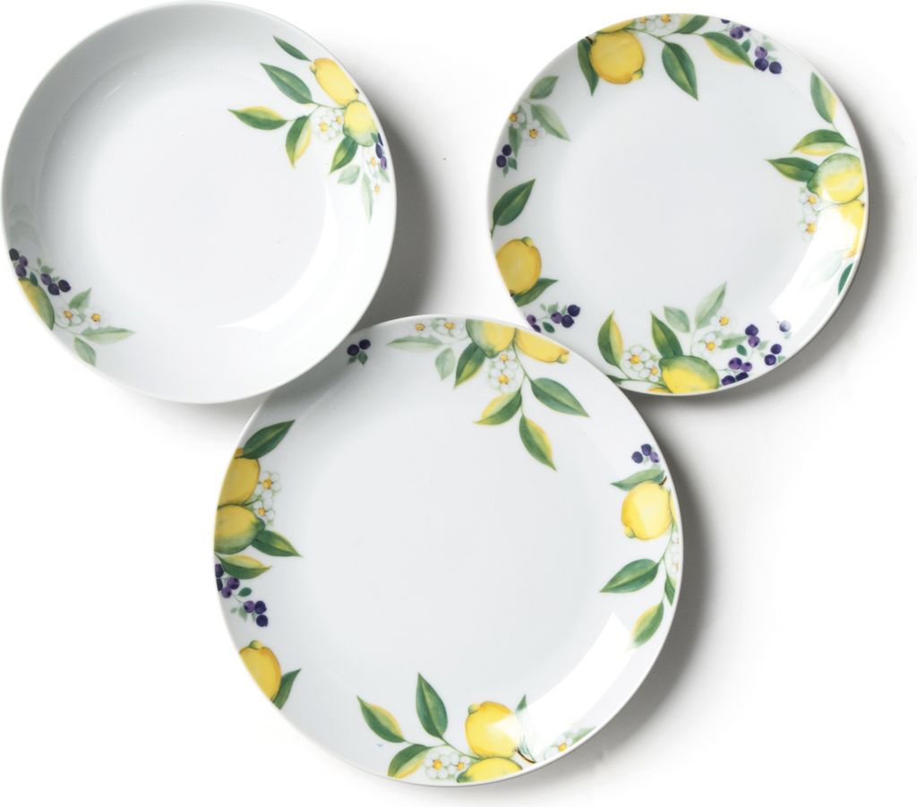 Three white plates with a lemon and leaf pattern are arranged on a white background.