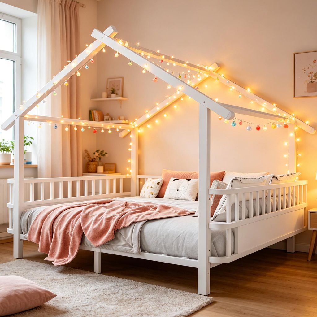 Merax Hausbett aus Metall 140x200cm, Jugendbett mit Produktbild 