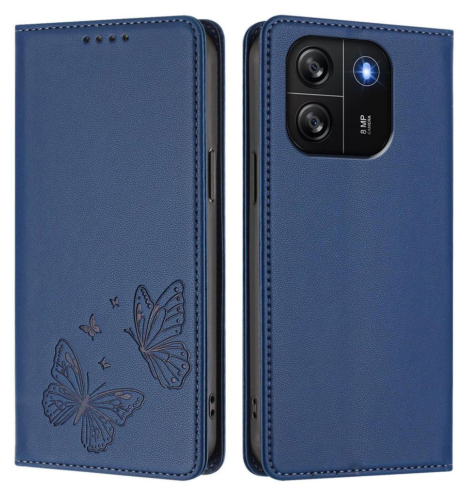 Lederhülle für Blackview Wave 6C, Schmetterling Prägung Leder Brieftasche Schutzhülle mit Ständer Dunkelblau