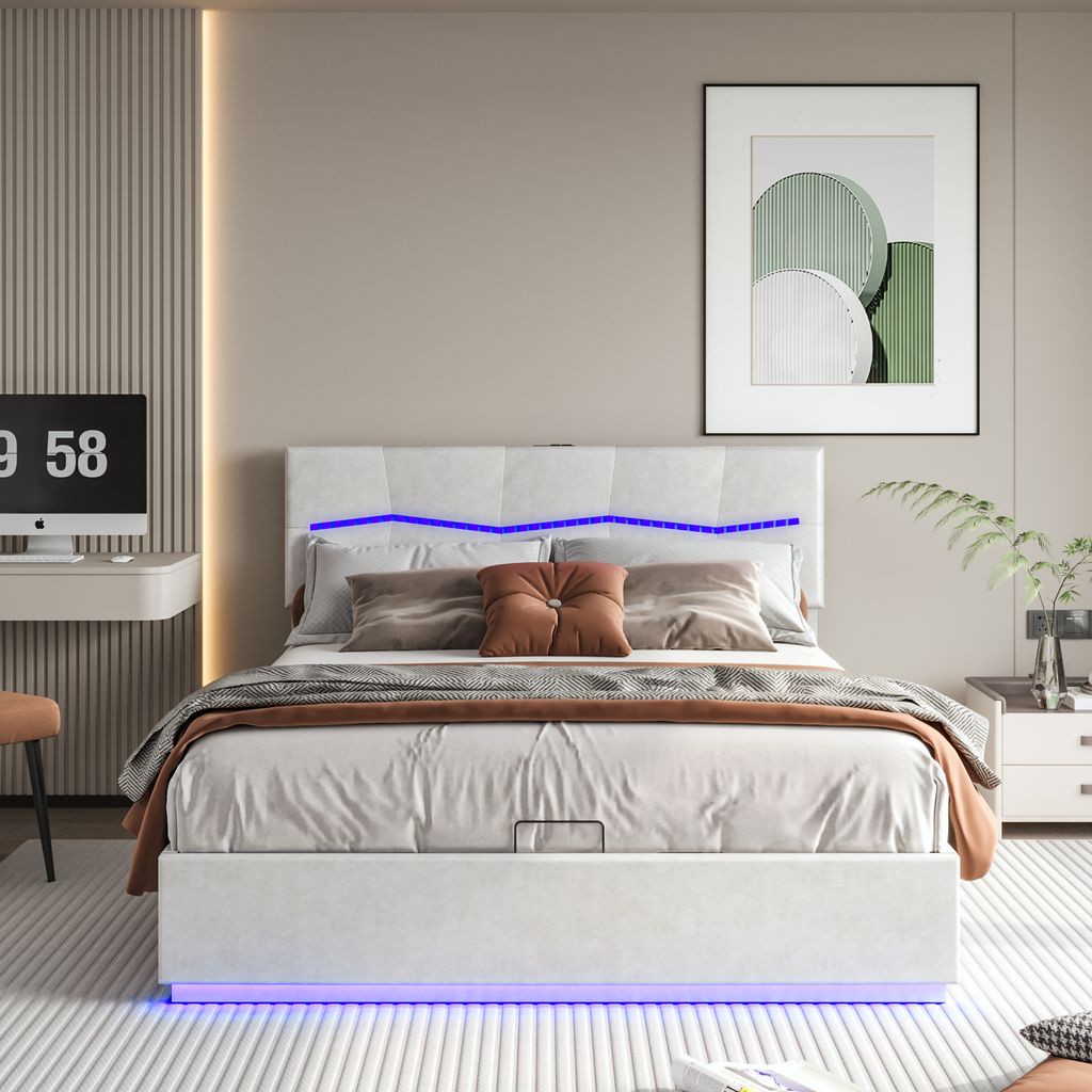CDGlobal_De Polsterbett mit LED und USB, hydraulisches Boxspringbett Doppelbett 160x200cm, Holzbett Stauraumbett Jugendbett, Samt, beige