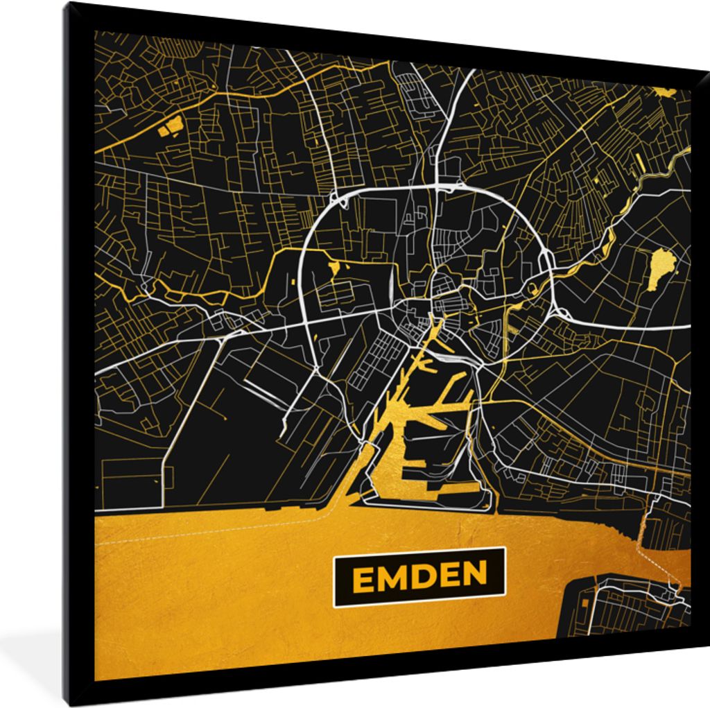 MuchoWow Gerahmtes Poster Schwarz und Gold - Stadtplan - Emden - Deutschland - Karte 40x40 cm - Poster mit Schwarzem Bilderrahmen Wandposter Rahm...