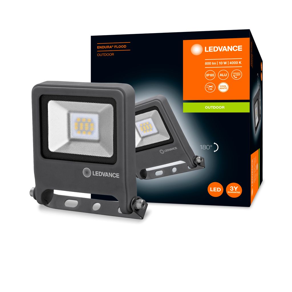 A product shot of an LED floodlight and its packaging.