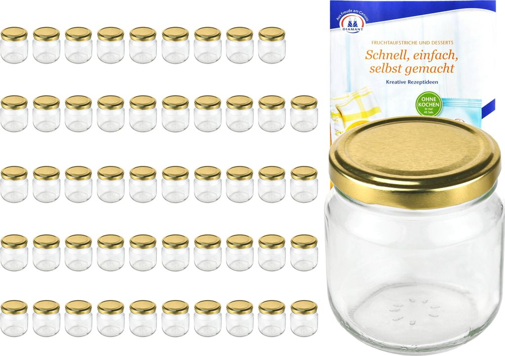 50er Set Rundglas 212 ml nieder To 66 goldener Deckel Sturzgläser Einmachgläser incl. Rezeptheft