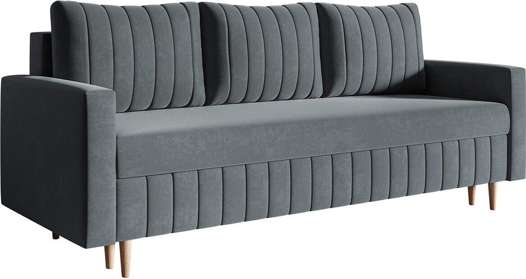 Schlafsofa 215 cm Scandi - Sofa mit Schlaffunktion, Bettkasten, Farben zur Auswahl, Holzfüße (Dunkelgrau - Jasmine 96)