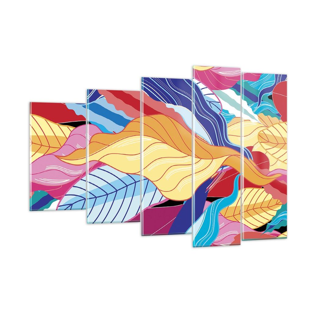 Bilder auf glas - 5 Teile - Muster Blätter bunt - 150x100cm - Glasbilder - Wandbilder - Bilder - zum Aufhängen bereit - Wanddekoration aus Glas -...