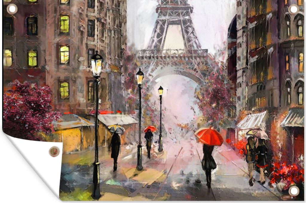 MuchoWow 60x40 cm Outdoor-Poster Gartendeko Sichtschutz Garten Poster für den Garten Gemälde - Paris - Eiffelturm - Regenschirm - Ölgemälde