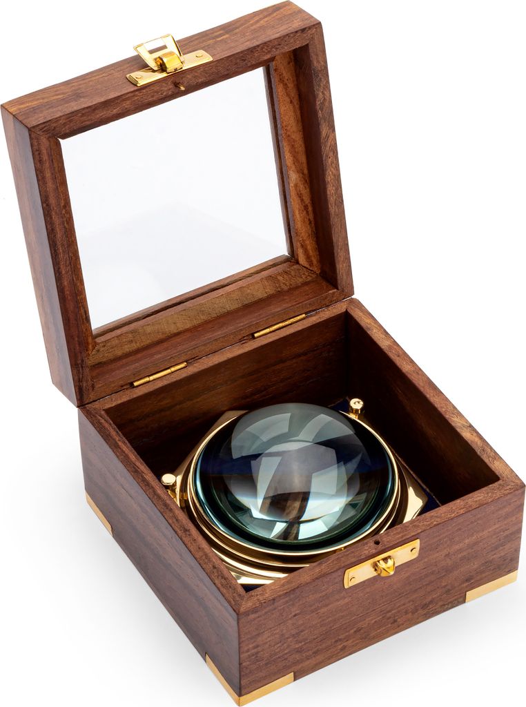NKlaus Maritim 10 cm Lupe aus Messing in der Holzbox mit Glasdeckel Vergrößerungsglas Leselupe 11726
