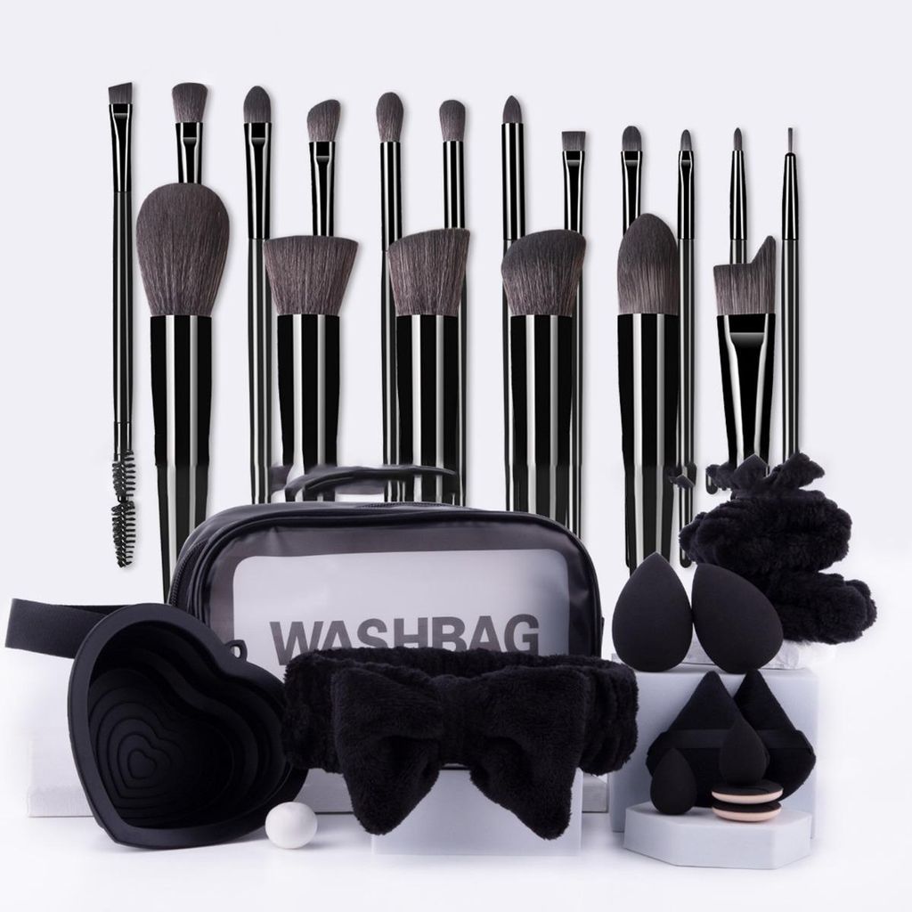 INF 31-teiliges schwarzes Make-up Pinselset: Foundation, Schwämme, Puffs & Tasche