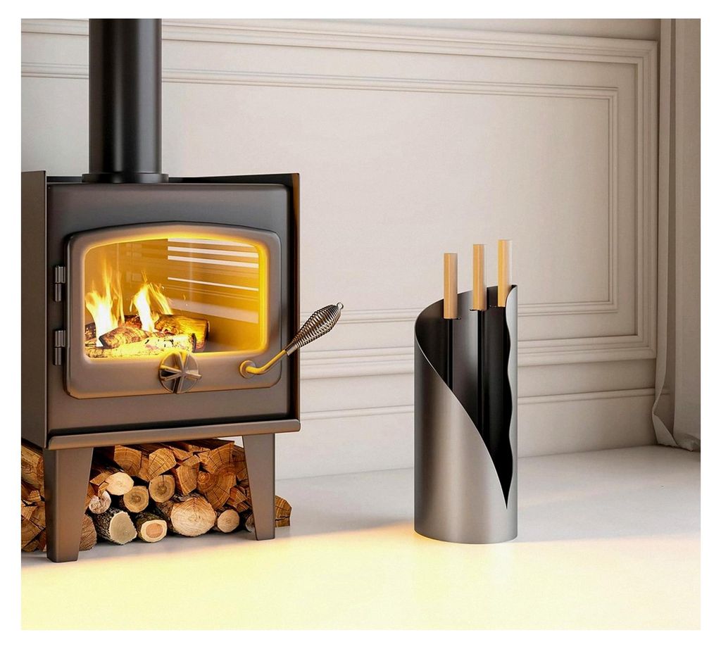 Kaminwerkzeug-Set mit Holzgriffen – 3-teiliges Set mit strukturierter grauer Oberfläche – Schaufel, Bürste & Schürhaken – Sandbeschichtete...