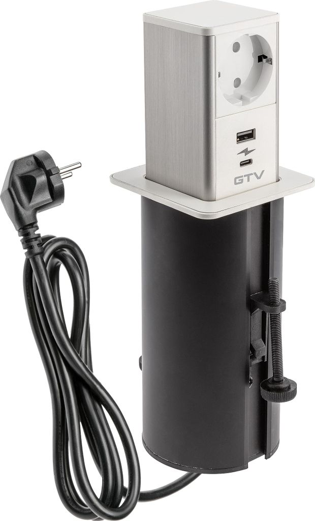 GTV - Möbelsteckdose TOWER, Ausziehbare Einbausteckdose, 1x Schuko Steckdose, 1x USB A, 1x USB C, Kabellänge 1,5m, Farbe Weiß, für Schreibtisch...