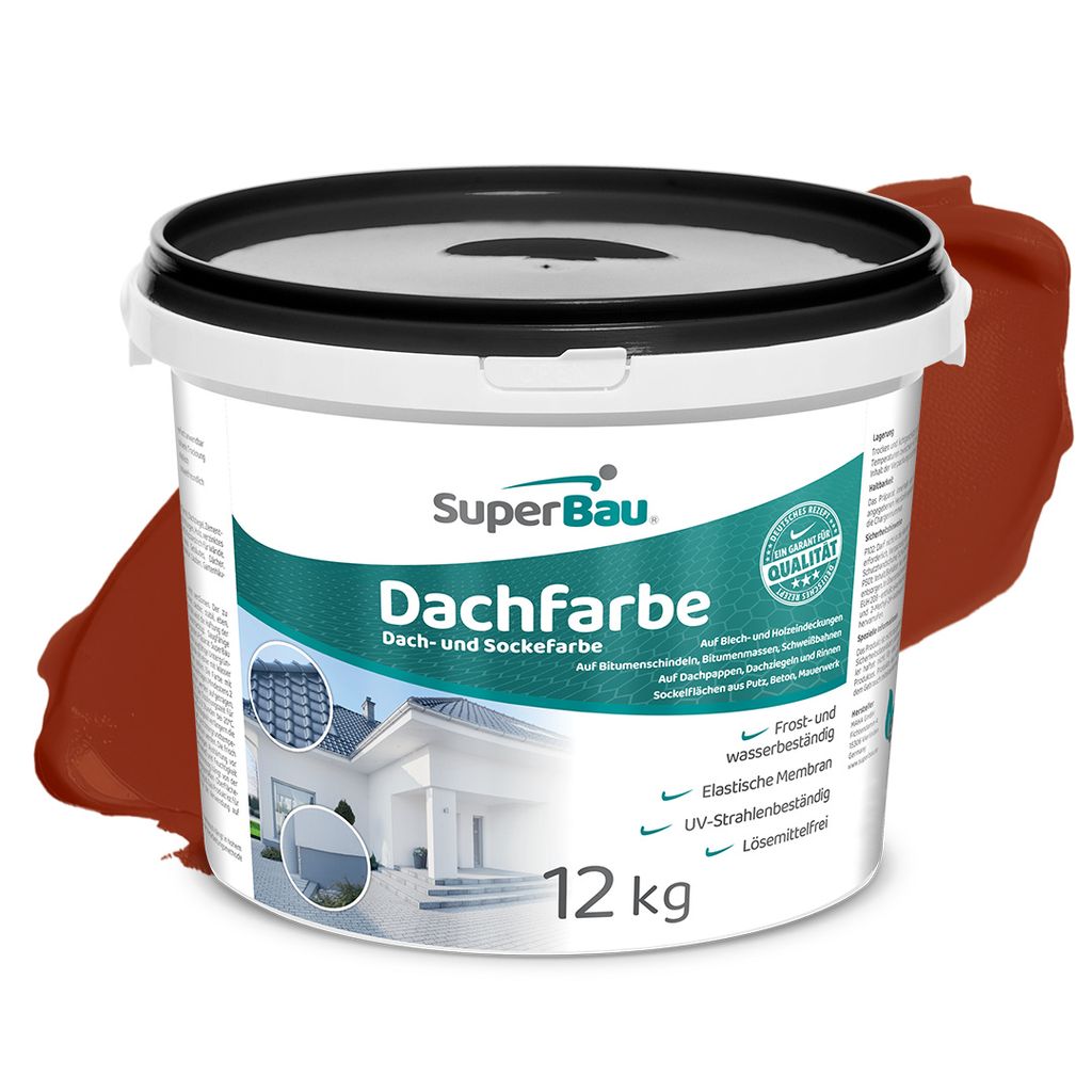 Superbau Dachfarbe Ziegelrot 12kg, Sockelfarbe WASSERDICHT, Fassadenfarbe für Außen, Dachbeschichtung für Blechdach, Bitumen, Dachpappe Schindel...