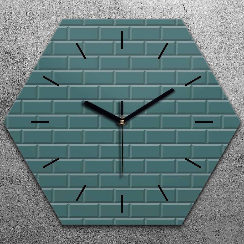 Uhr hexagonal 40 cm Glas Geräuschlos schwarze Zeiger - farbige Backstein Ziegel