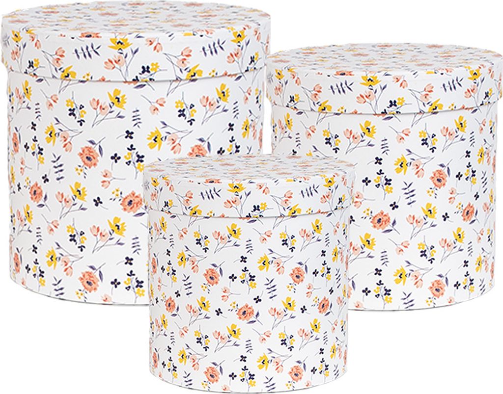 Clayre & Eef Aufbewahrungsbox 3er Set Ø 19x19 / Ø 17x17 / Ø 15x15 cm Weiß Karton Blumen
