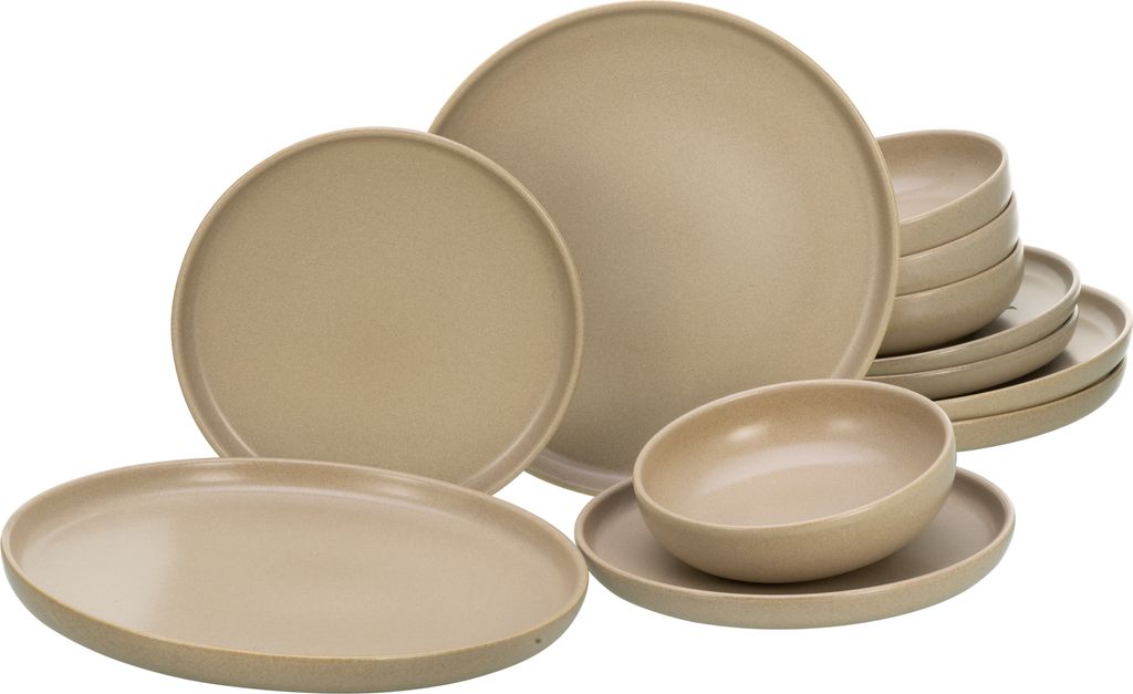 A collection of beige ceramic plates and bowls are arranged on a white background.