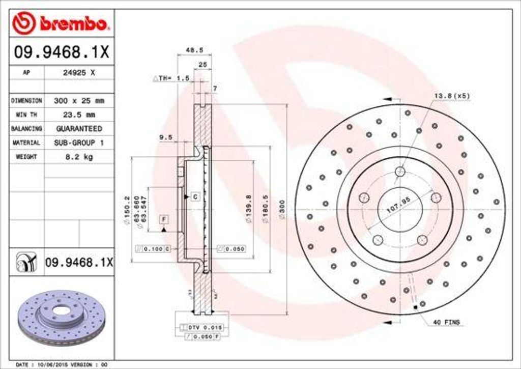 BREMBO 09.9468.1X Bremsscheibe OE 1223664 kompatibel mit C70, C30, Kuga, C-Max, Focus