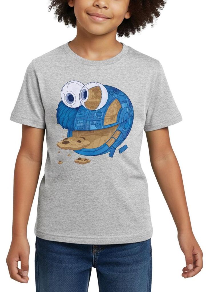 Spreadshirt Sesamstraße Krümelmonster Maschine Kinder T-Shirt, 98/104 (3-4 Jahre), Grau meliert