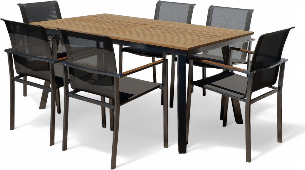 ALEOS. Gartengarnitur Edelstahl Teak Set Tisch Nassau 160x90 cm + 6 stapelbare Sessel schlammfarben Batyline Bespannung Stapelsessel A-Grade Teak H...