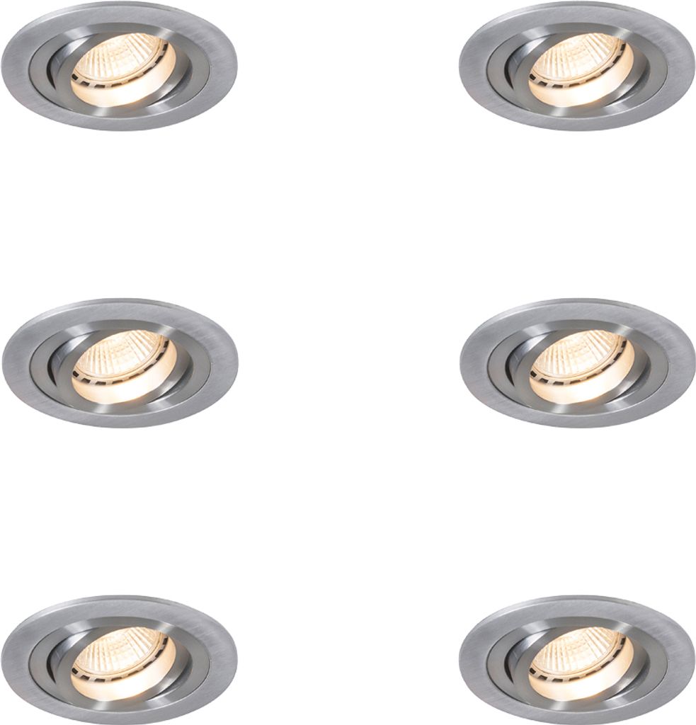 QAZQA - 6er-Set moderne Einbaustrahler stahl I nickel matt - Rondoo I Wohnzimmer I Schlafzimmer - Aluminium - LED geeignet GU10