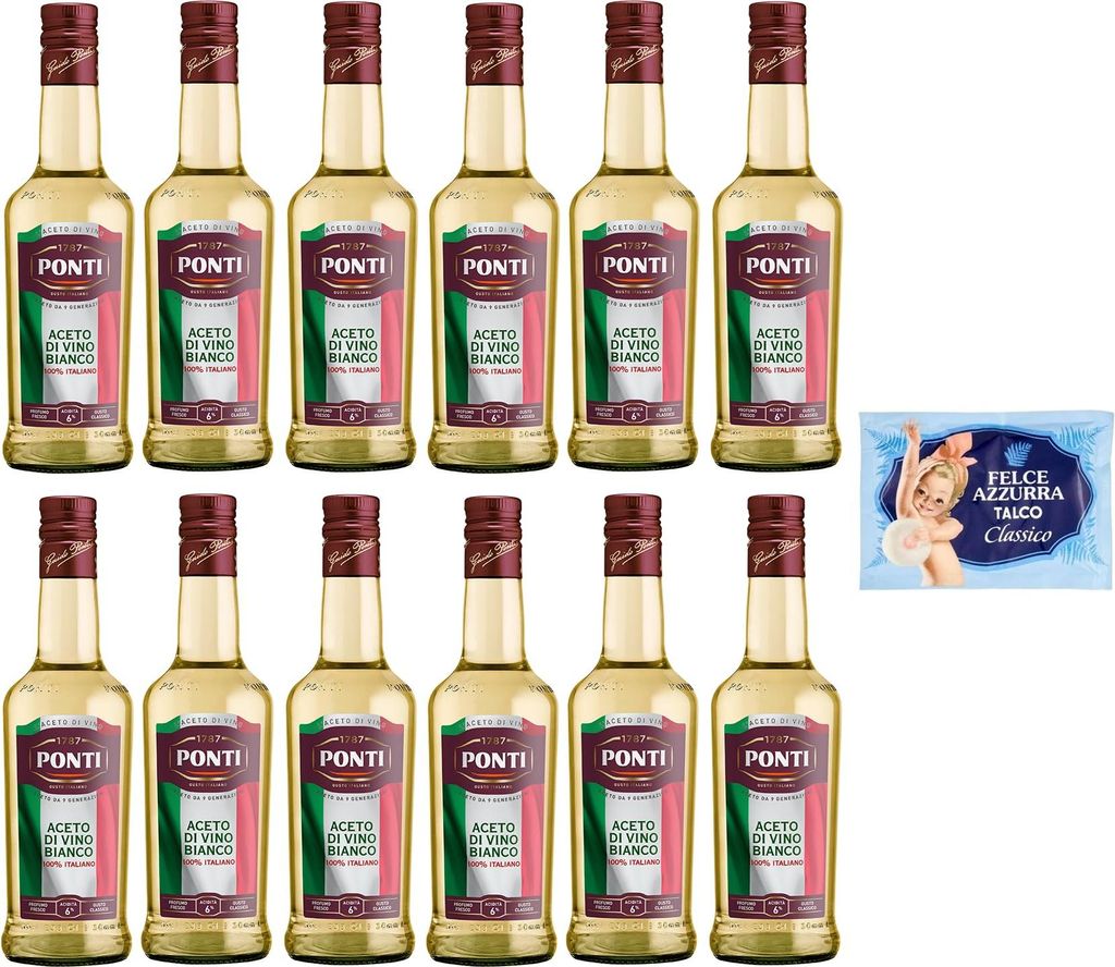 12er-Pack Ponti Weißweinessig, Aceto di Vino Bianco Italiano,100% Italienischer Essig,500ml Glasflasche + 1er-Pack Felce Azzurra Talkumpuder, 100g...