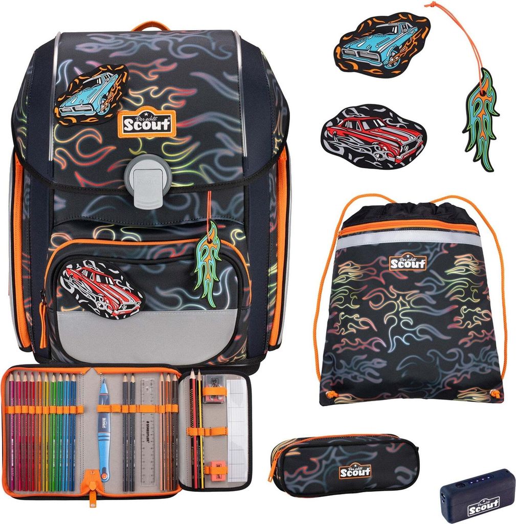 A collection of images showing a school backpack and its accessories, including a pencil case and a drawstring bag, all with a flame and car theme.