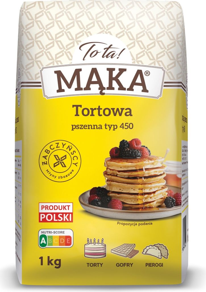 A bag of flour with an image of pancakes and other food items.
