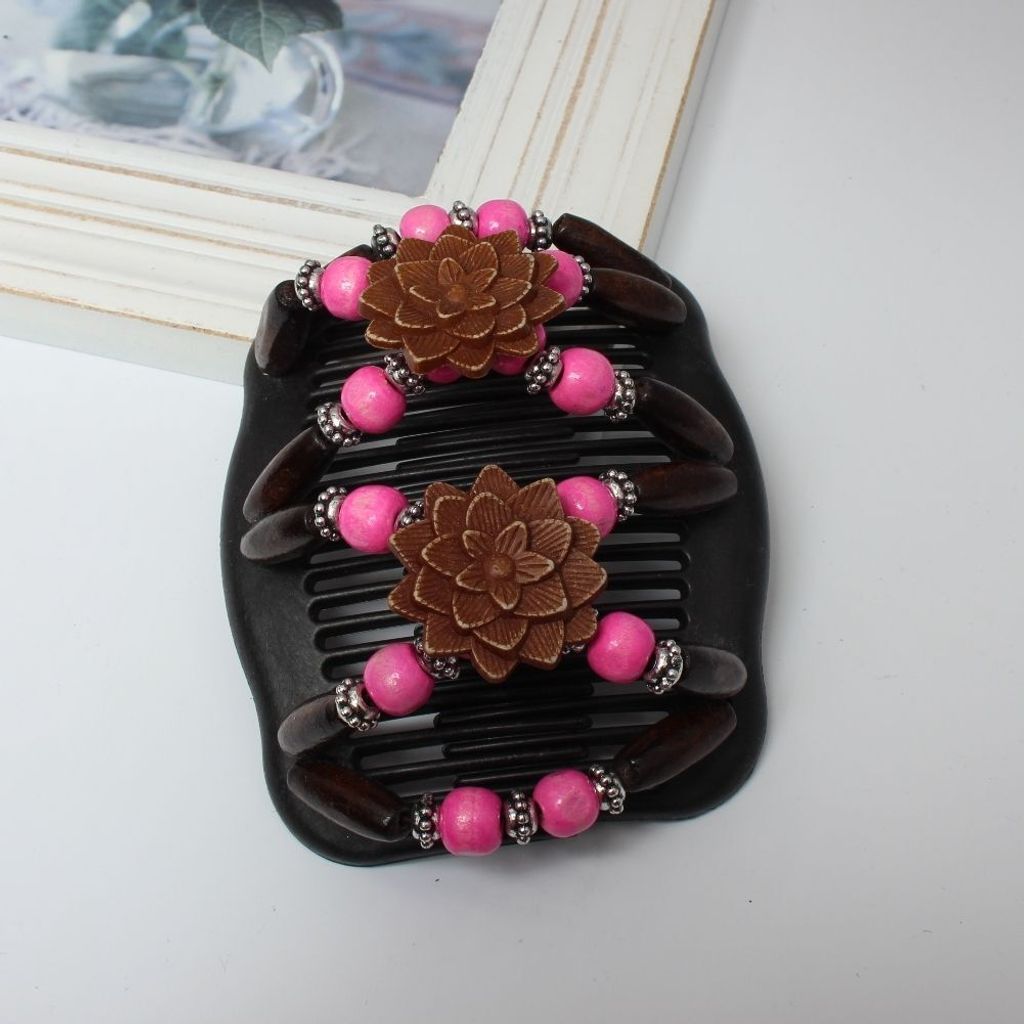 Trend African Hairclip Haarklammer Haarkamm Blüten Holzdesign Rosa