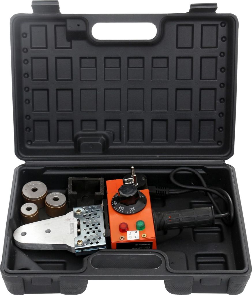 A plastic carrying case containing a polyfusion welding tool and its accessories.