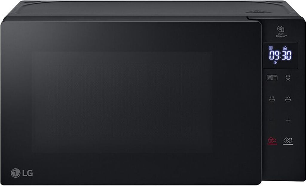 A front view of a black LG microwave oven.