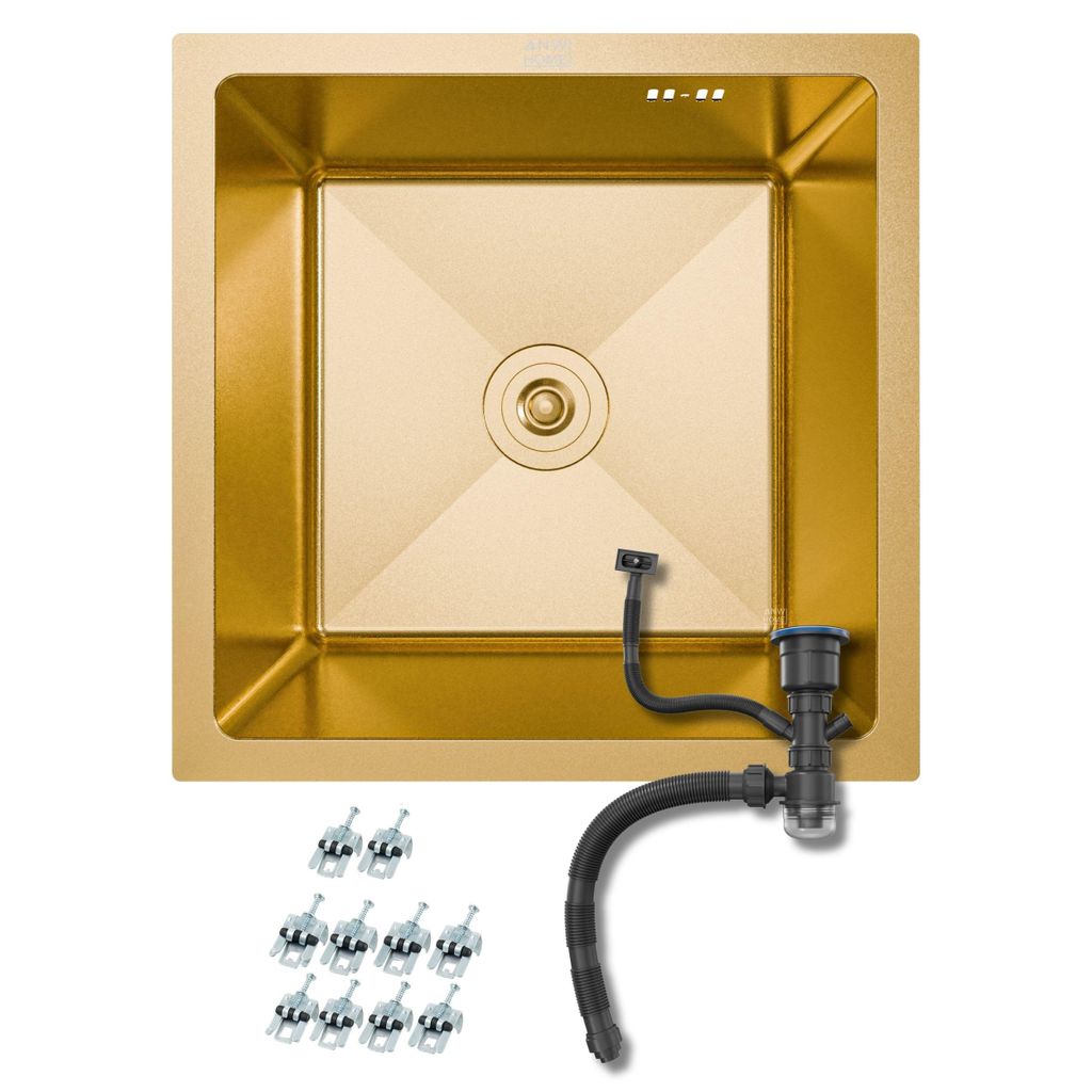 ANW HOME Unterbauspüle Gold PVD 44x44 cm, Edelstahl 304 Nano, Küchenspüle 1 Becken, 22 cm tief, Handgefertigte Einbauspüle mit siphon