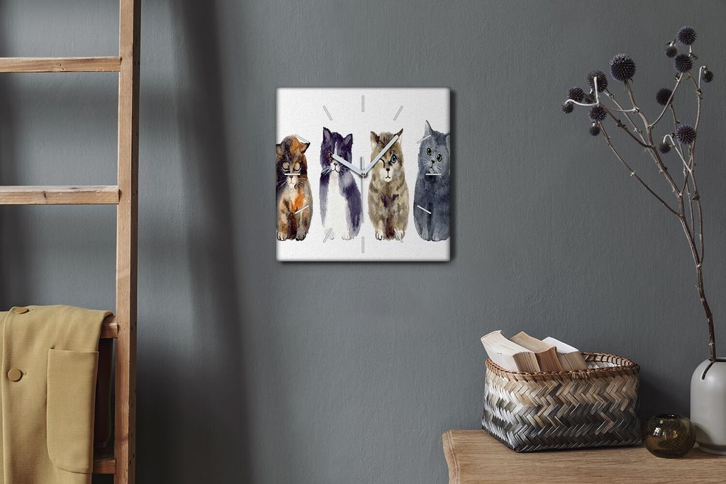 Coloray Hodiny Unikátní 30x30 cm Tiché hodiny Pro obývací pokoj a kuchyň Nástěnné hodiny Plátno Bílé ručičky hodin - Zvířata kočky...