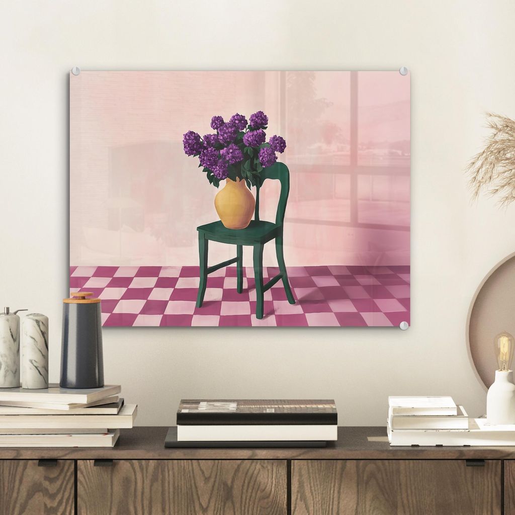 MuchoWow Glasbilder - Bilder auf Wandbild - Foto auf Glas Stuhl - Vase - Blumen - Blockiert 40x30 cm Wanddekoration aus Glas - Acrylglasbild - Acry...