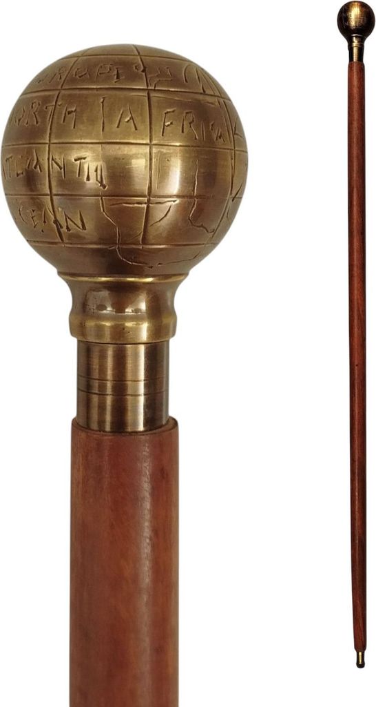 Weltkugel Spazierstock aus Holz mit goldenem Griff aus Produktbild 