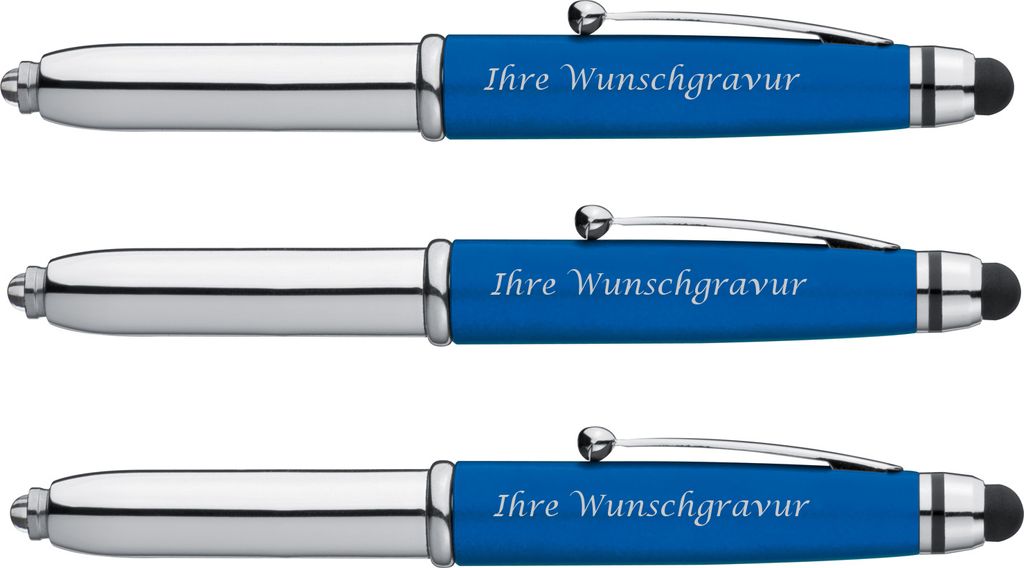 3x LED Touchpen Kugelschreiber mit Gravur / Farbe: silber-blau