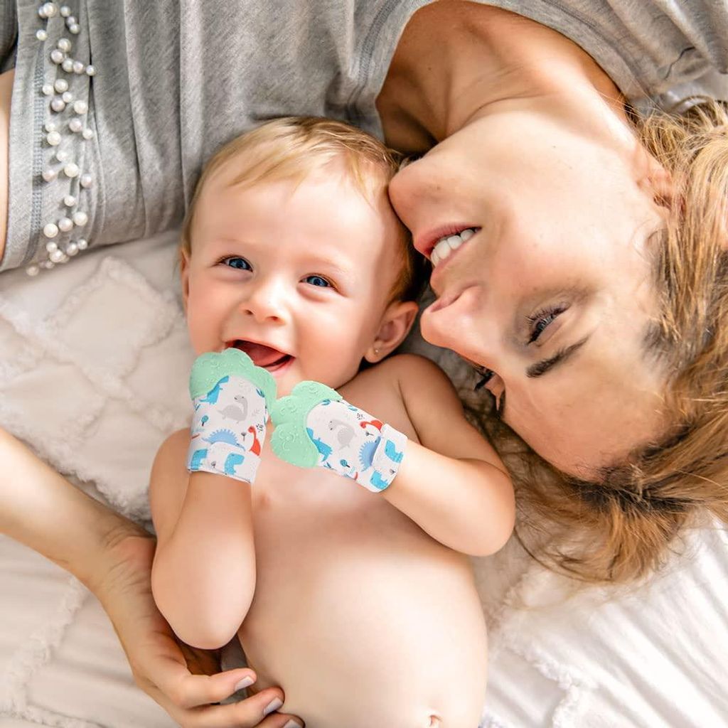 Baby Beißring Handschuhe 2er Pack - BPA-frei - Lindert schmerzendes Zahnfleisch - Fördert das Zahnen - Für 0-6 Monate - Grüne Dinosaurier