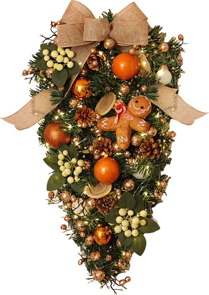 Weihnachtskranz für die Haustür, künstliche grüne Tannennadeln, tropfenförmige Girlande, Weihnachtsgirlande, Dekoration mit Kugeln und Schleif...