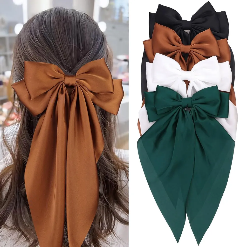 Barrettes à cheveux avec grand nœud en satin lot de 4 noir blanc marron