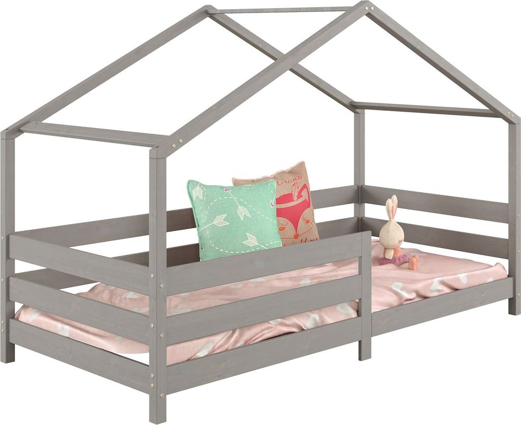 Hausbett RENA aus massiver Kiefer in grau, schönes Montessori Bett mit Rausfallschutz, stabiles Kinderbett in 90 x 200 cm