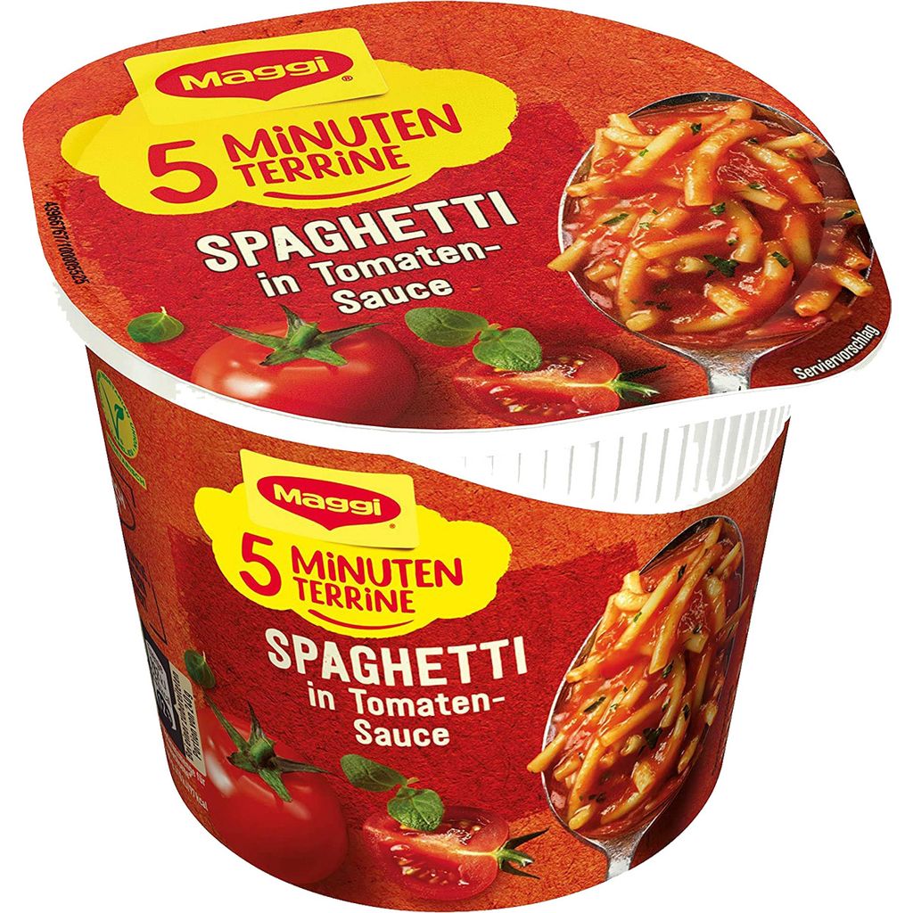 A product shot of a Maggi 5 Minuten Terrine Spaghetti in Tomaten Sauce.