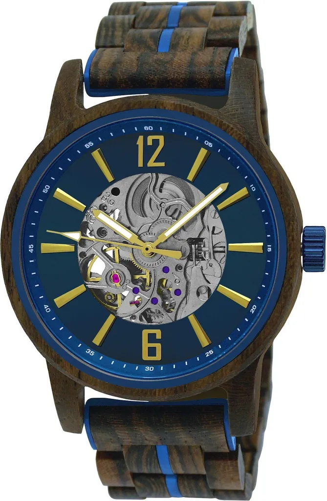 Montre Homme Bois et Acier Anti-Allergique Automatique Bleu et Or