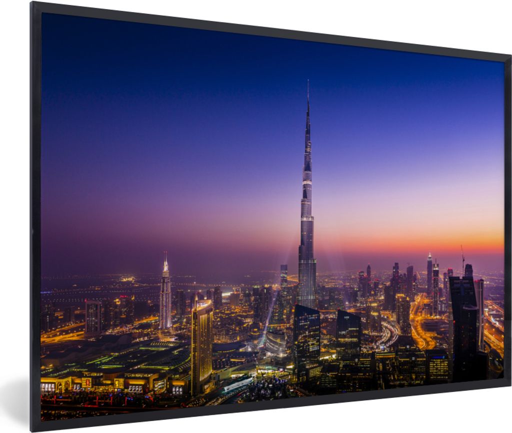 MuchoWow MuchoWow Gerahmtes Poster Bunter Himmel über dem Burj Khalifa-Wolkenkratzer und Dubai 60x40 cm - Poster mit zchwarzem Bilderrahmen - ...