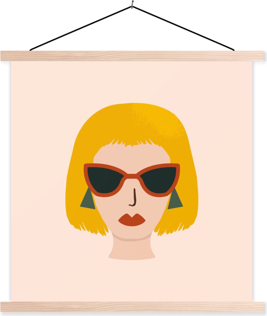 MuchoWow Textilposter Frau - Sommer - Sonnenbrille 120x120 cm mit holzfarbenen Rahmen - Textil-Poster