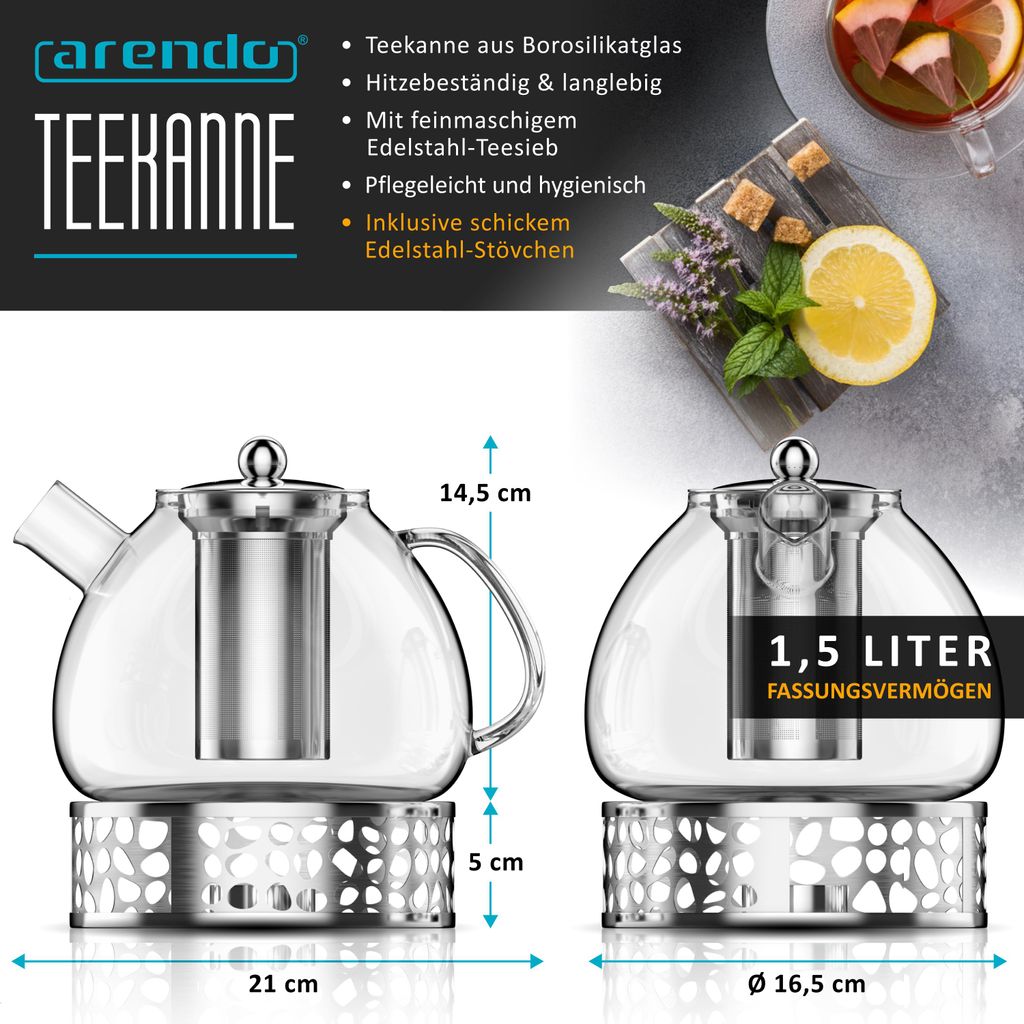 Arendo Teekanne 1,5 l mit Edelstahl-Stövchen, Edelstahlsieb