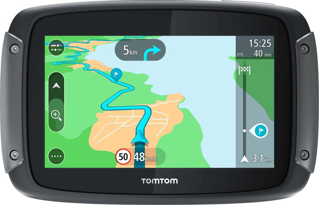 A TomTom GPS device displaying a navigation map.