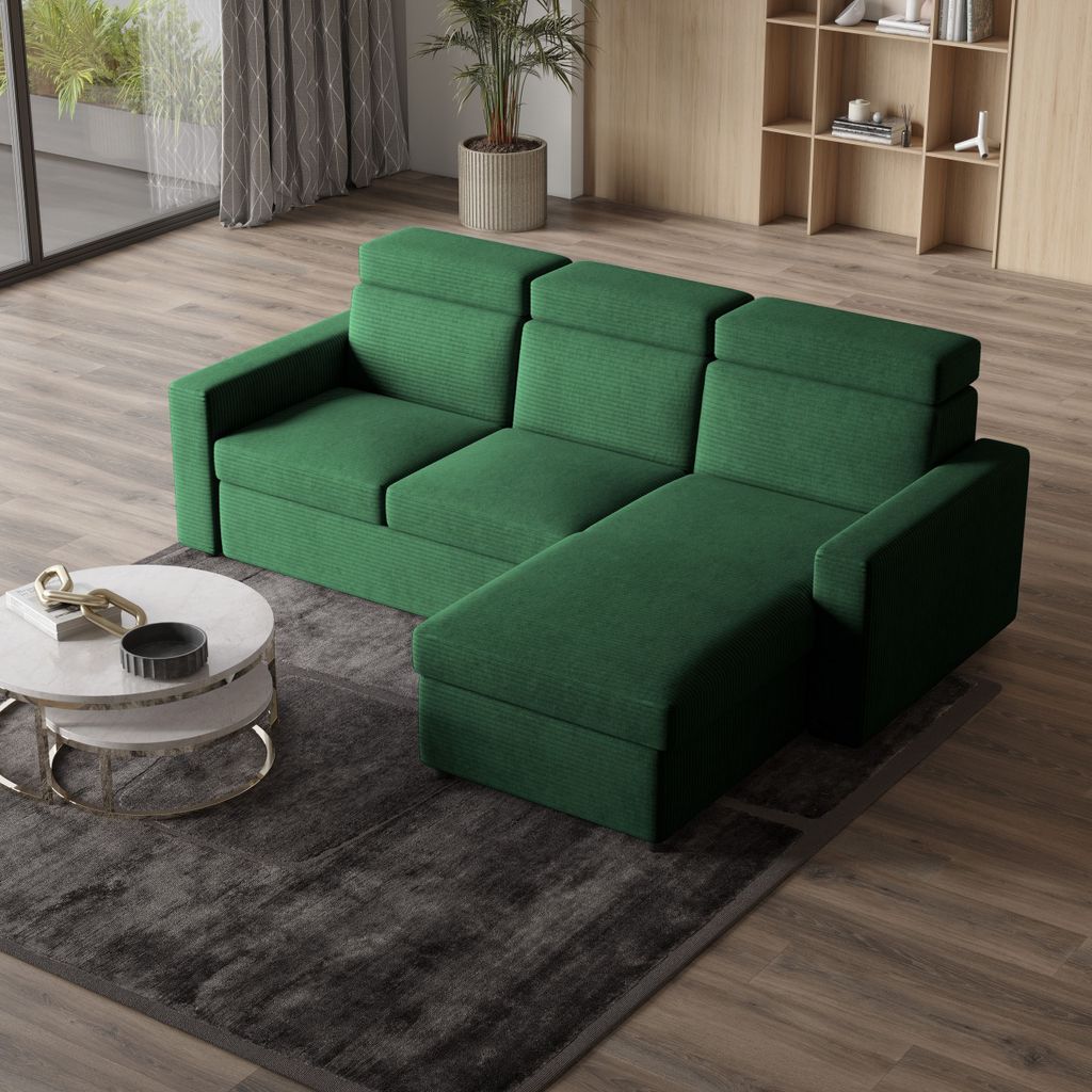 Masseno Ecksofa PADWA mit Schlaffunktion L-Form, Sofa mit Bettkasten, Wohnzimmersofa, Couch, Soffa, Bettsofa, Couchgarnitur- Grün, POSO 14